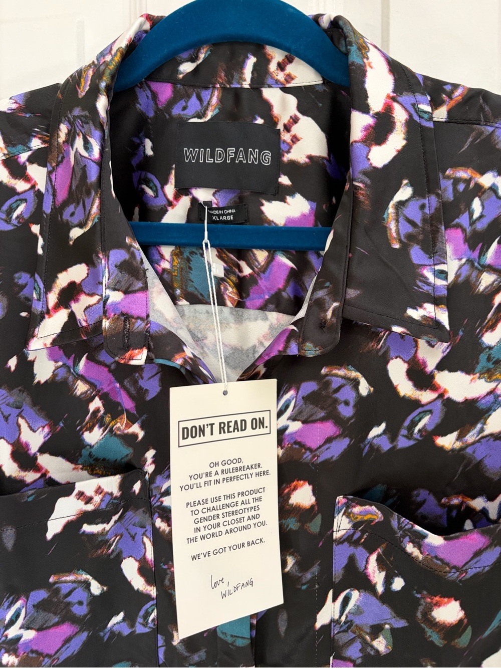 Wildfang Empower Satin Short-Sleeve Button-Front Shirt with Purple Teal Print - Picture 7 of 9